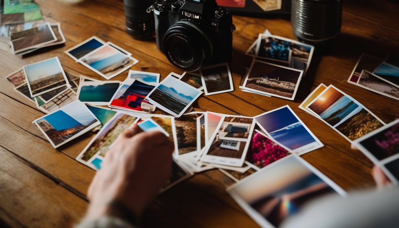 Adult looking through postcards on a table