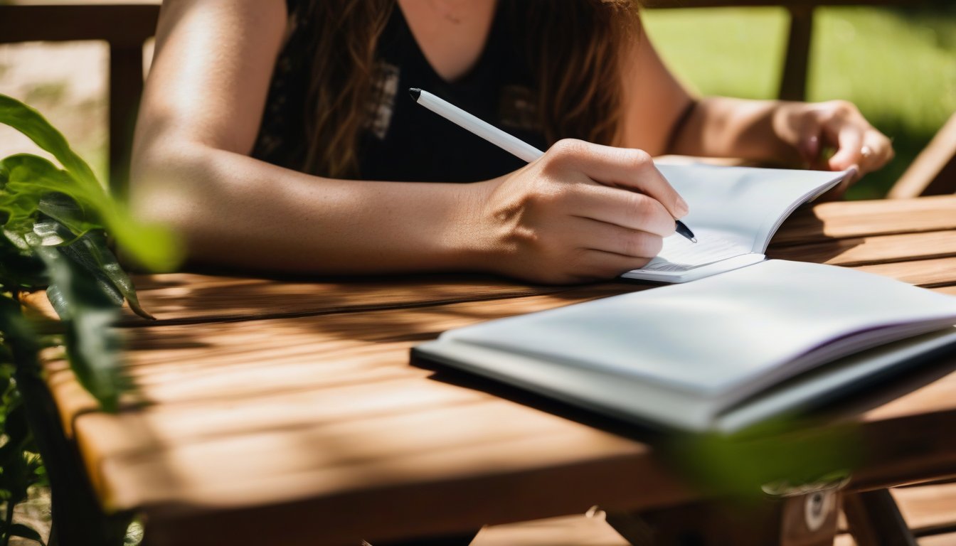 Adult woman journaling in bright outdoor setting