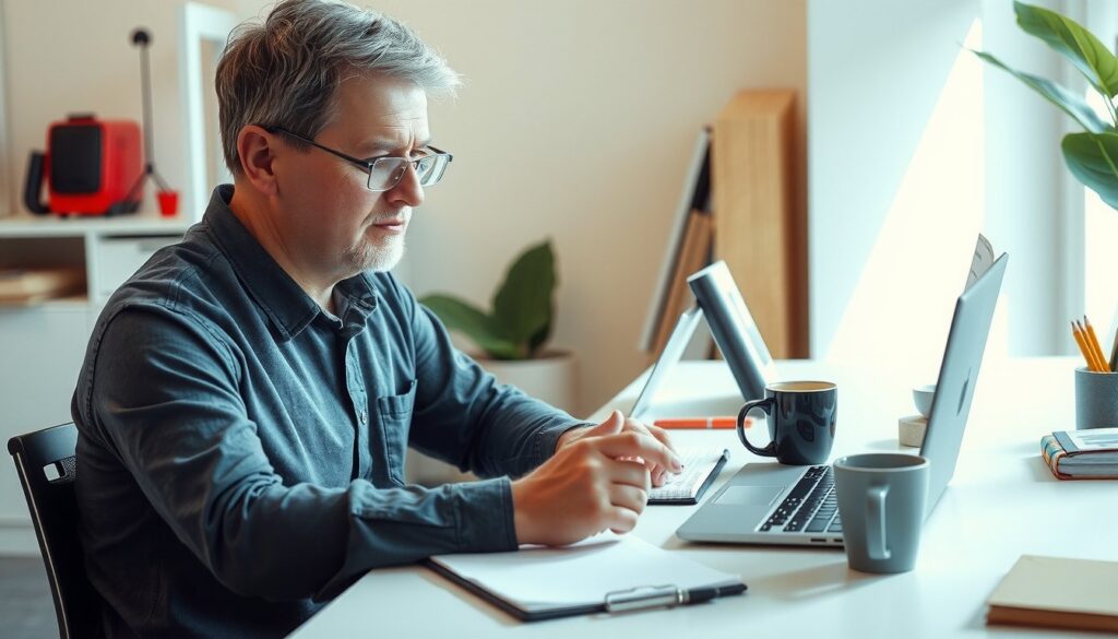 Adult working at a desk with a laptop and notebook