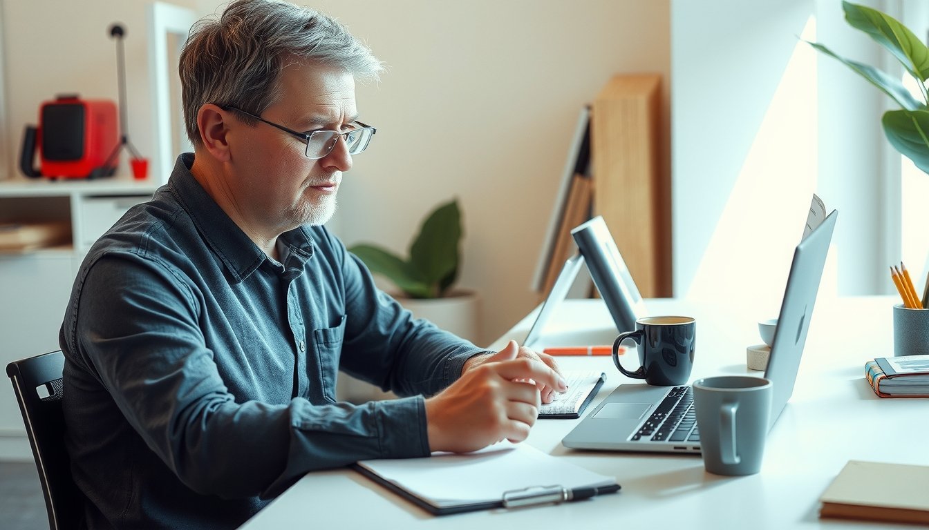 Adult working at a desk with a laptop and notebook