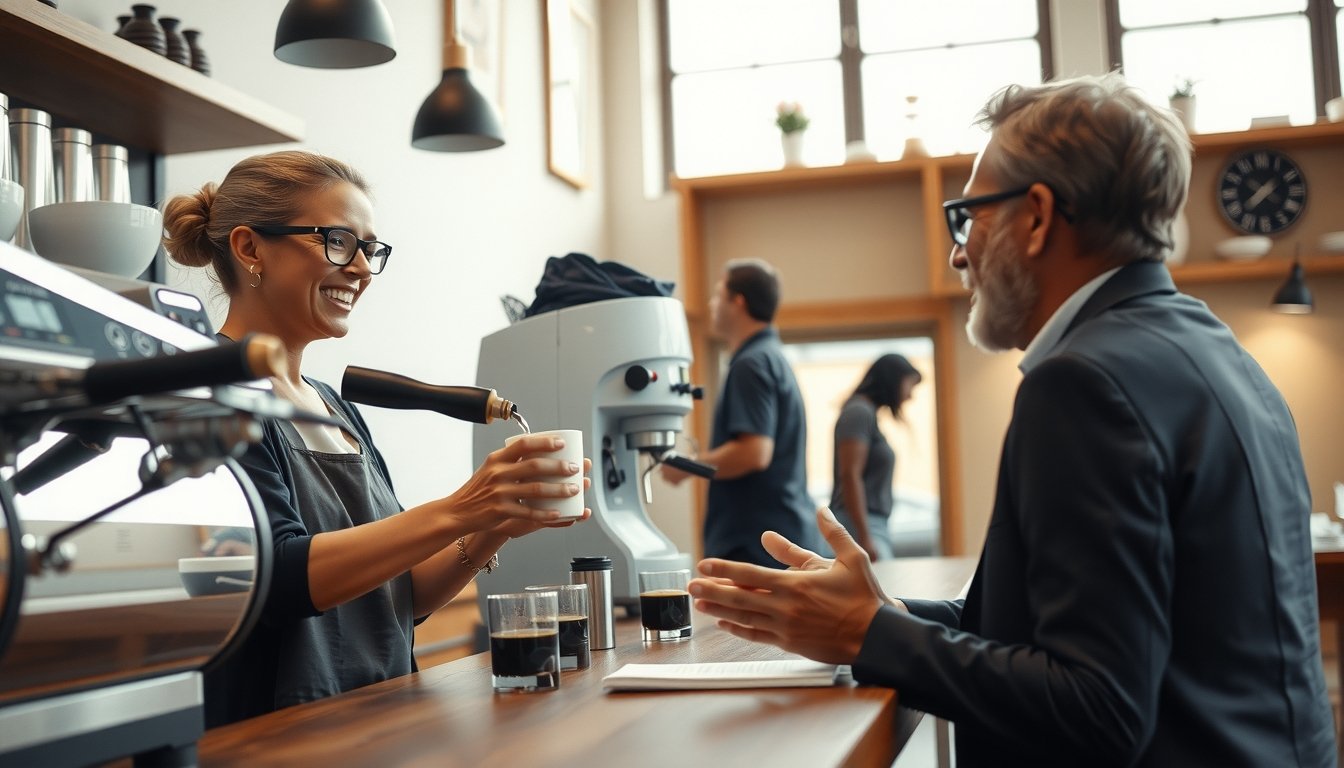 Barista preparing coffee with customer interaction