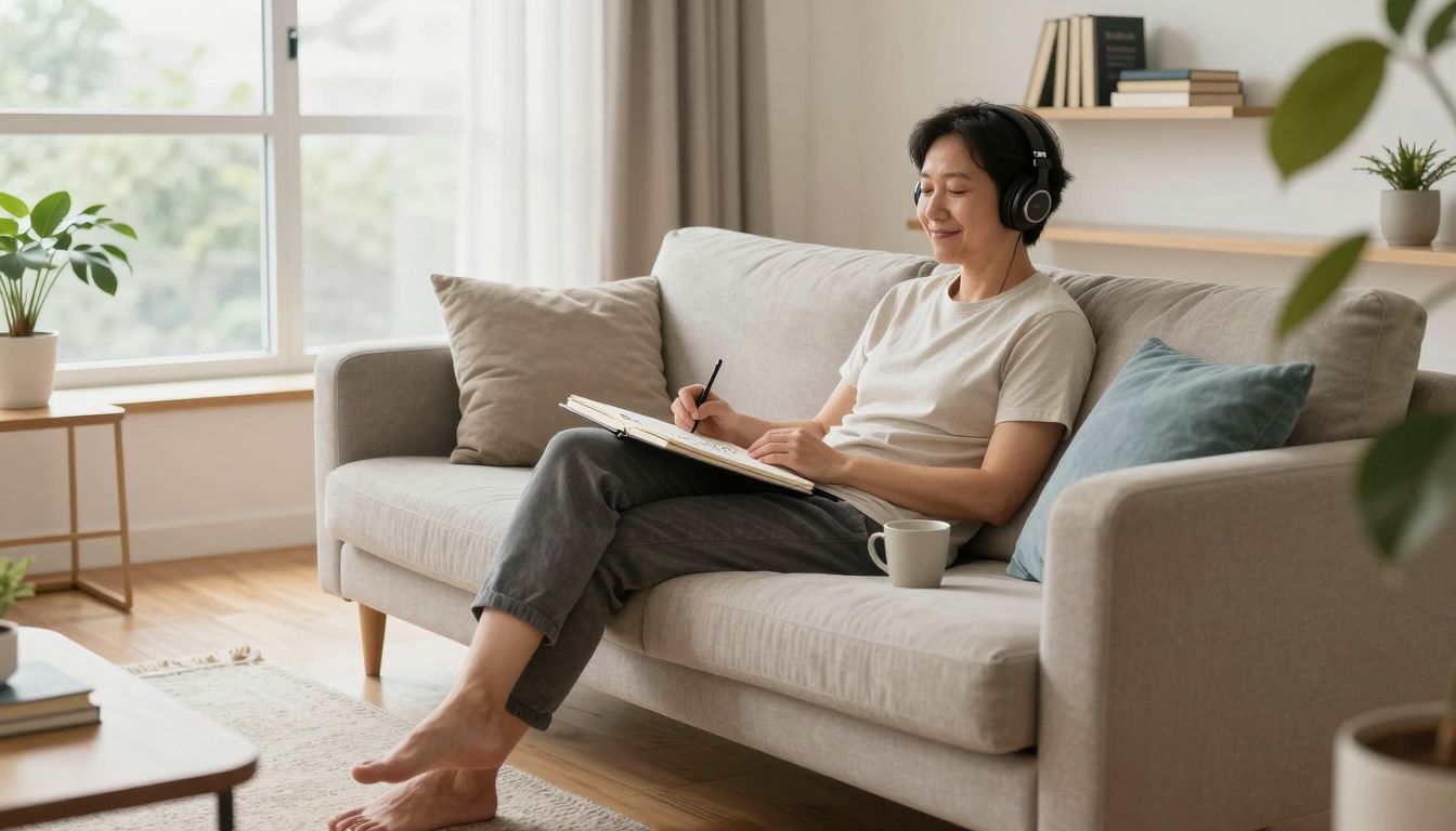 woman listens to the music and smile