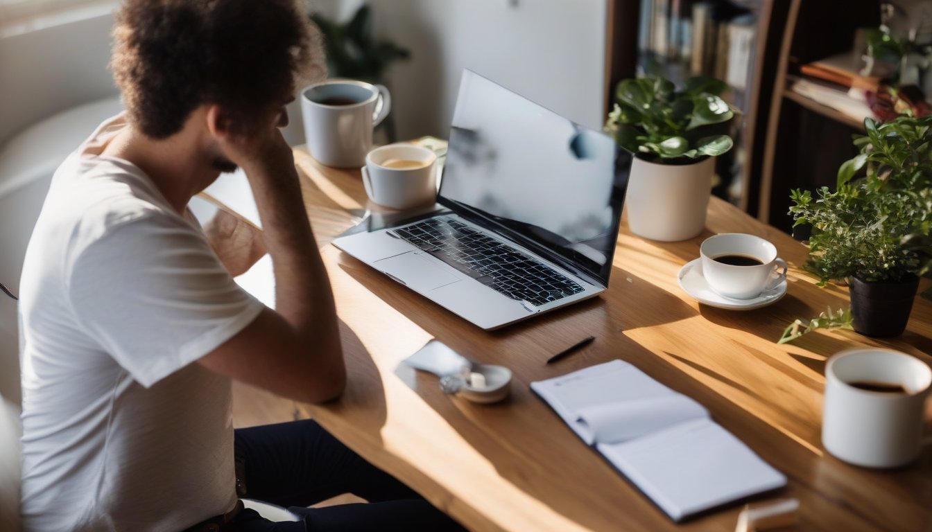 Adult focusing on laptop at home