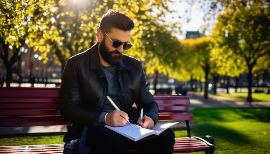Adult relaxing outdoors with a notebook and coffee